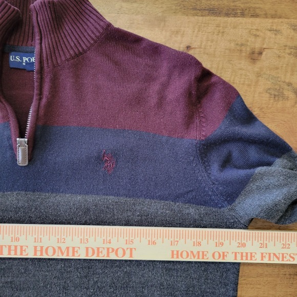US Polo Assn. Mens Striped Quarter Zip Sweater Burgundy Navy Grey Acrylic Small - Picture 10 of 11